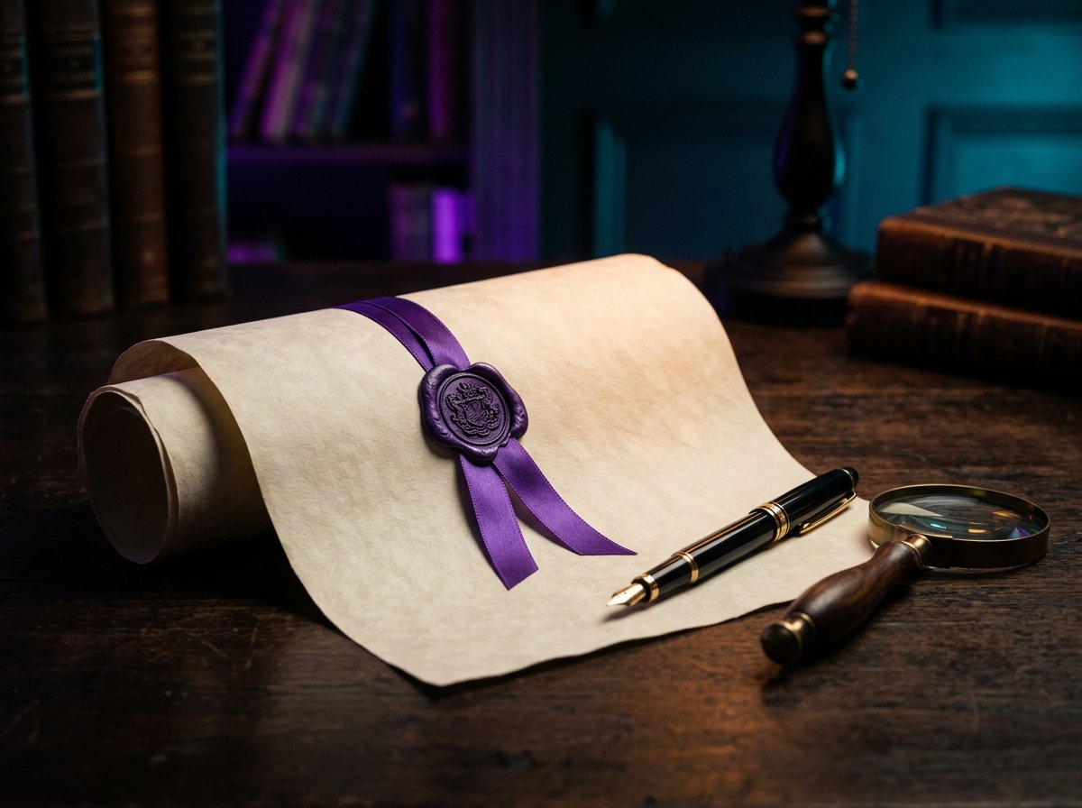 Certificat officiel avec ruban et sceau sous éclairage néon violet et cyan