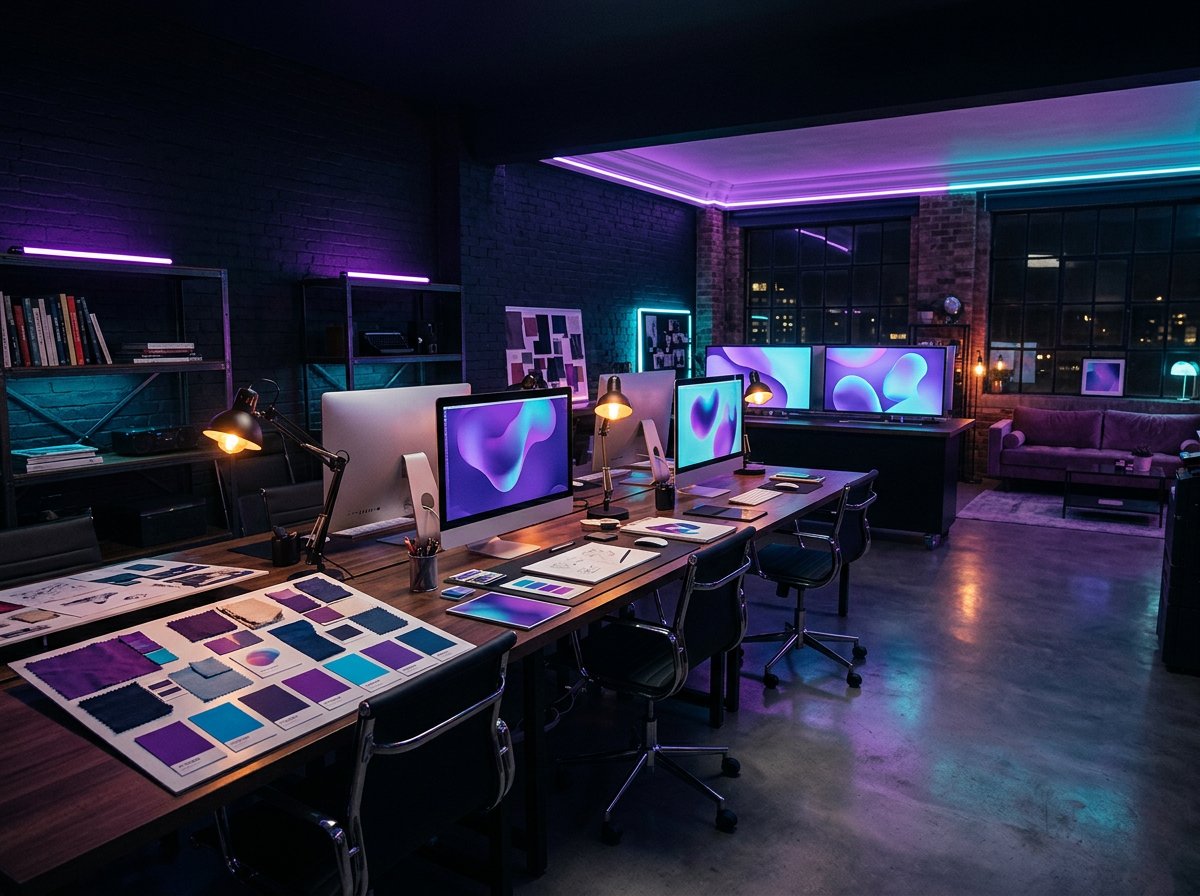 Studio de création sous éclairage néon