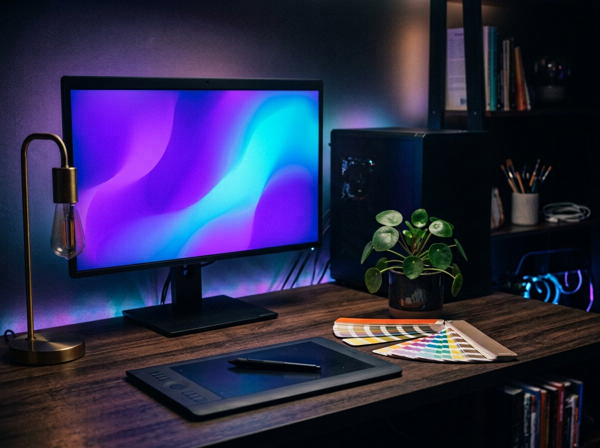 Espace de travail d'un designer : écran, tablette graphique et nuanciers sous éclairage néon violet et cyan