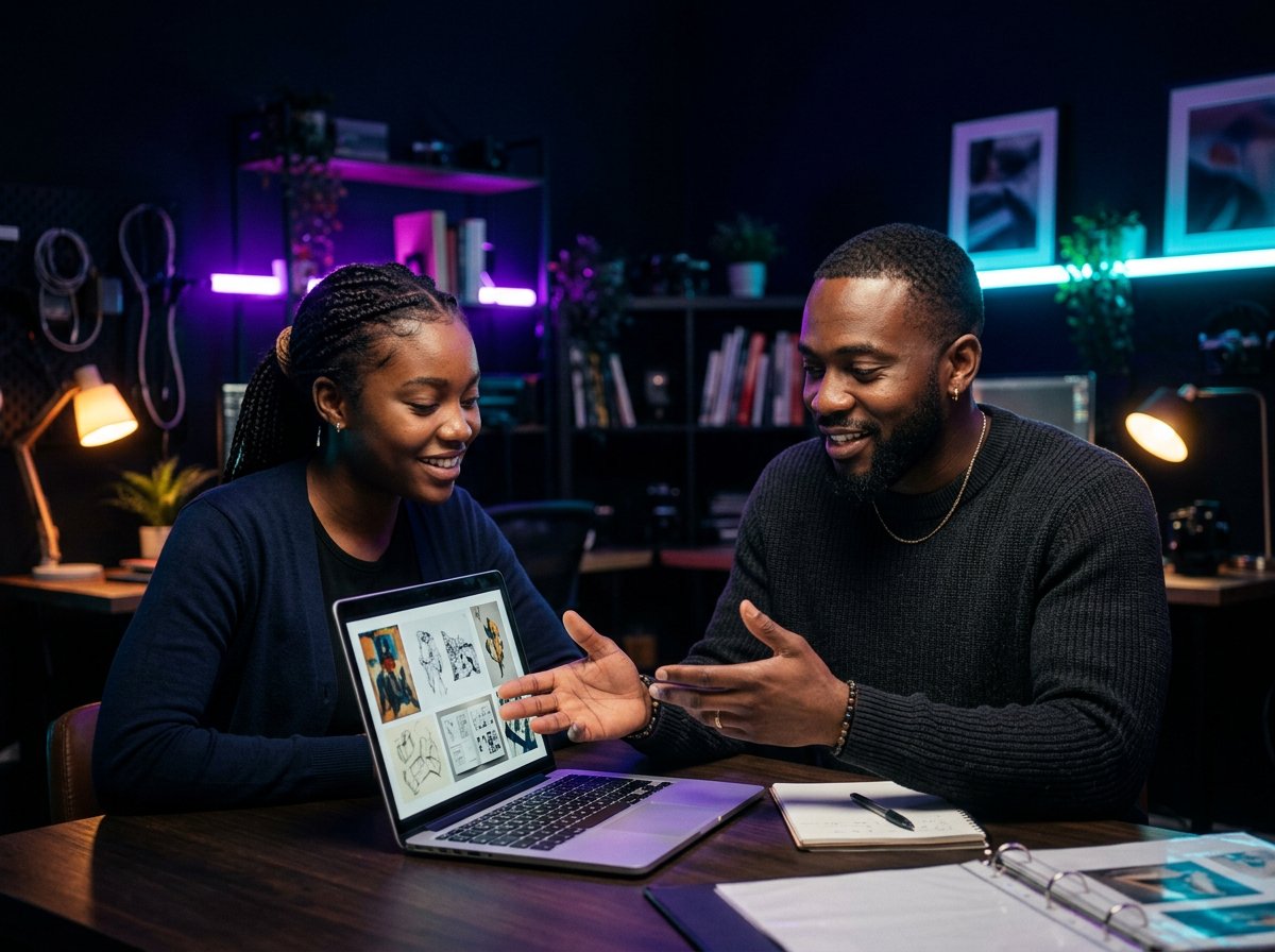 Un mentor CRE'IA accompagne une apprenante lors d'une revue de portfolio