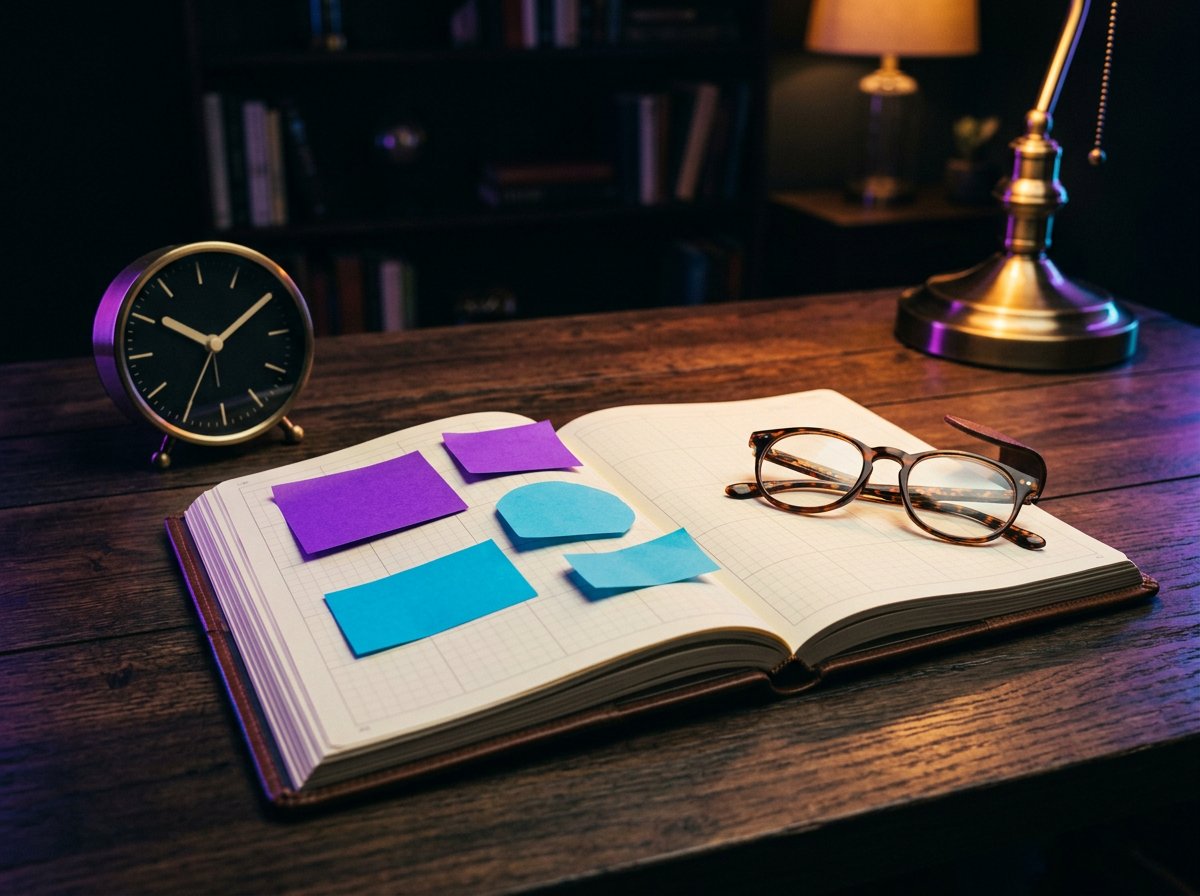 Agenda ouvert, horloge et notes colorées sous éclairage néon violet et cyan