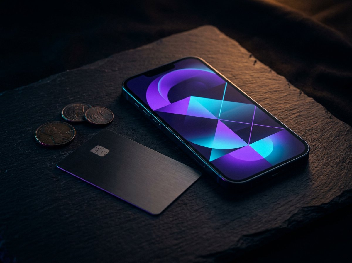 Smartphone, carte bancaire et pièces de monnaie sous éclairage néon violet, cyan et ambre