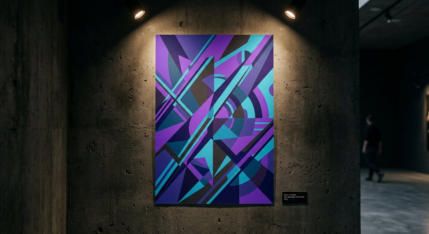 Affiche de direction artistique générée par IA, formes géométriques violettes et cyan