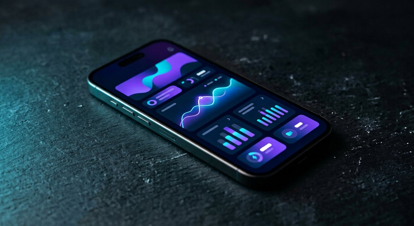 Application mobile : interface épurée aux dégradés violets et cyan
