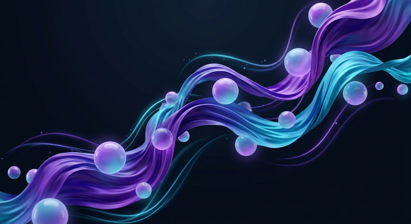 Visuel 3D abstrait : rubans fluides violets et cyan sur fond sombre